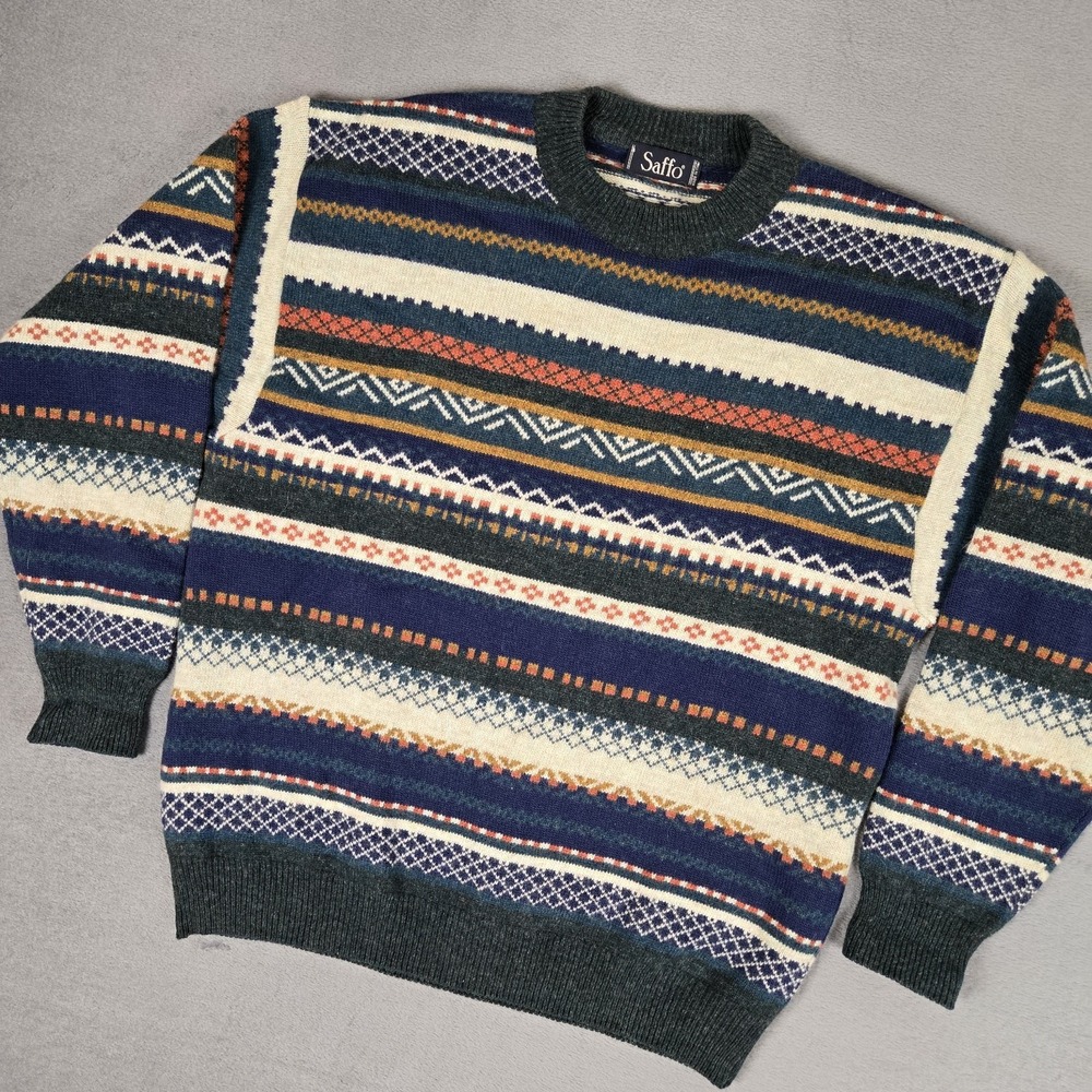 Vintage Saffo Sweater Mens Large Wool Angora Geometric Faireisle Cosby Italy